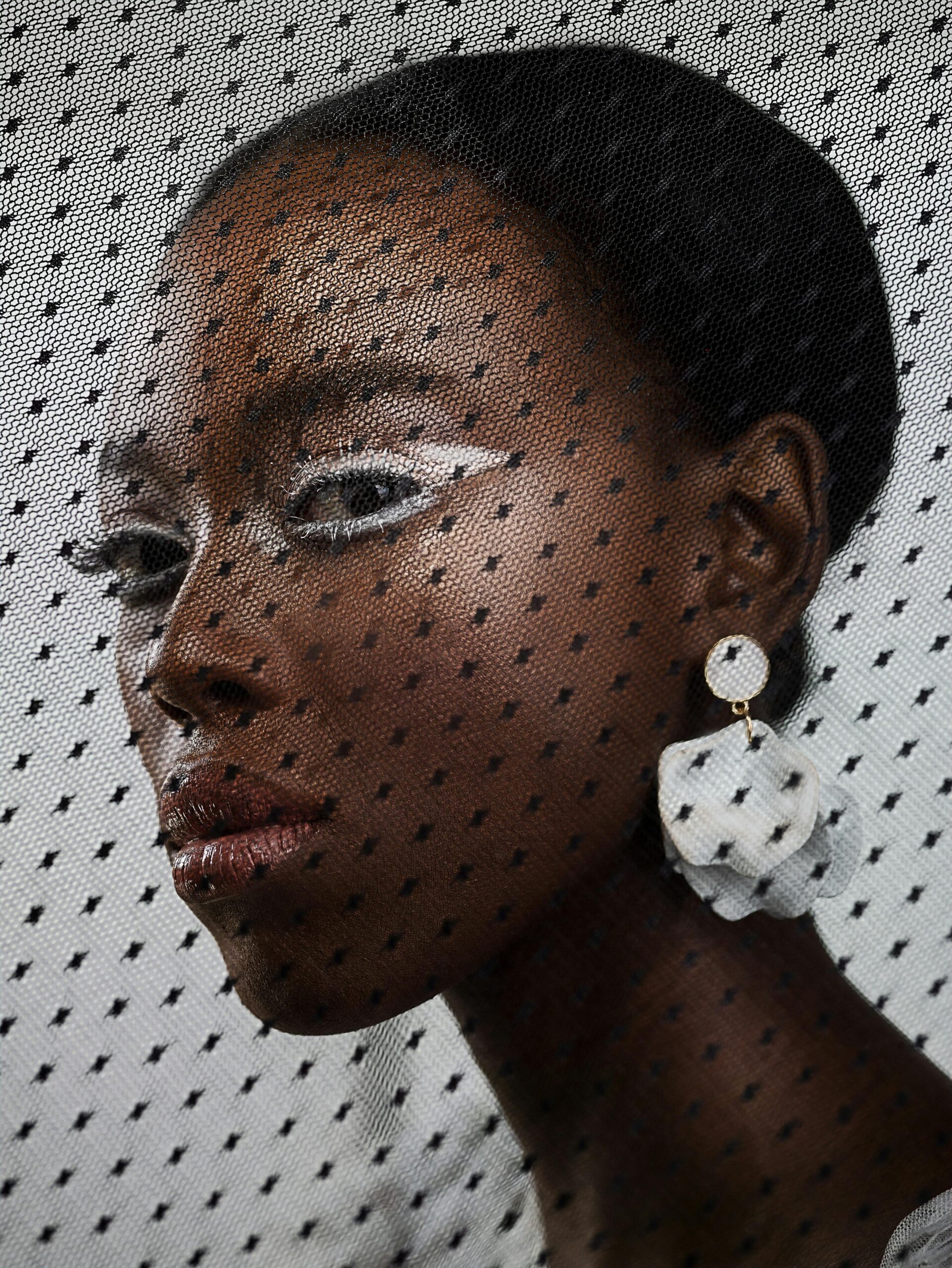 Creative fashion portrait of a woman with bold makeup and statement earrings behind a mesh veil.